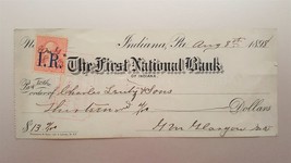 1898 Antique First Nat&#39;l Bank Check Indiana Pa Signed Glasgow Md 2c Rev Stamp - £27.14 GBP