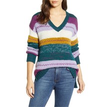 Lush Women&#39;s Green Purple Mixed Stripe V-Neck Pullover Sweater Knit New ... - £11.66 GBP