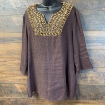 Victor Costa Brown 100% Linen Wooden Beads Embellished Tunic Top XL - £26.57 GBP