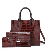 Luxury Top Handle 3 in 1 Crocodile Embossed Shoulder Bag - Brown - £45.60 GBP