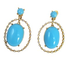 RACHEL ZOE Gold Plated Blue Cabochon Clip On Drop Earrings Oval Rhinestone - $24.70