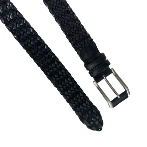 Primary image for Mezlan Men's Black Leather Woven Braided Belt Silver Buckle Adjustable Size 40