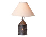 Punched Tin Paul Revere Lamp in Black Metal with Ivory Linen Shade - $106.45