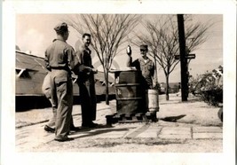 1950s Photo Army Soldiers around Barrel Holding Liquor Bottle Black & White - $14.49