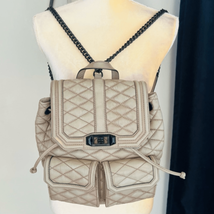 REBECCA MINKOFF QUILTED LOVE LEATHER BACKPACK PURSE, Tan/Gray, Luxury - £96.44 GBP