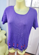womens purple top bead fringe flower embroidery shirt size LG short slee... - £6.33 GBP