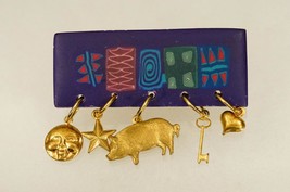Artisan Costume Jewelry Brass Charms Purple Pattern Fimo Clay Bar Brooch... - $19.79