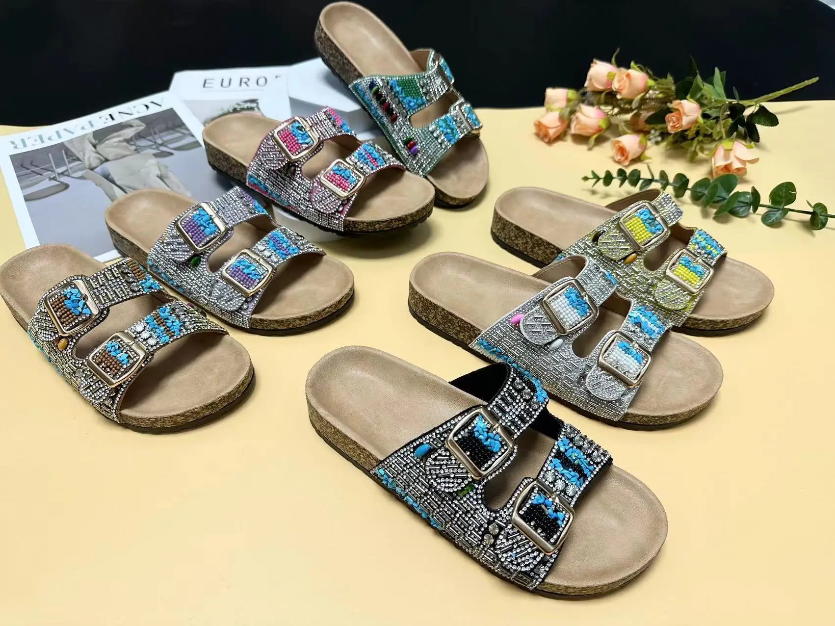 2023 summer new double buckle ethnic wind drill surface cork slippers la... - $30.38+