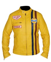 Men&#39;s Steve McQueen Le Mans Gulf Racing Style Stripes Leather Jacket - £55.21 GBP+
