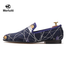 Merlutti Fatto a Mano Inchiostro Blu Pittura Tessuto Fumare Pantofole Uomo Basse - £111.61 GBP