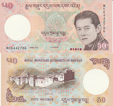 Bhutan P31, 50 Ngultrum, Palace / youngest monarch King Wangchuk, $6+CV 2013 UNC - £2.57 GBP