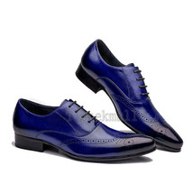 Handmade Men&#39;s Leather Oxfords Wingtip Burnished Brogue Toe Blue Dress Shoes-258 - £166.09 GBP