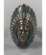 Sterling Silver Indian Chief Chip Inlay Ring Turquoise Coral Sz 7.75 - €257,04 EUR
