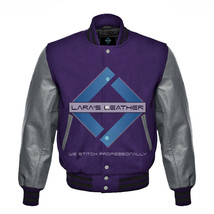 Unisex American Varsity College Purple Wool Jacket with Gray Real Leather Sleeve - £68.84 GBP+