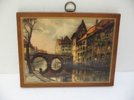 Salada Tea Wood Print Hanging Watercolor City Bridge 4.5&quot; x 3.5&quot; - £5.51 GBP