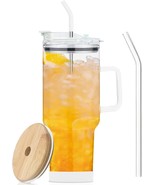 Glass Tumbler With Lid And Straws,40Oz Glass Tumbler With Handle,Drinkin... - $35.93