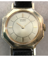 Vtg Seiko Quartz Goldtone Stainless Steel Black Leather Band Womens Wris... - £23.59 GBP