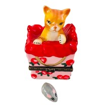 Kitty Cat Popping Trinket Box With Mouse Inside Ceramic Hinged - $17.80