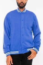 Men&#39;s Fleece Varsity Jacket Snap Button Casual Outerwear with Striped Ac... - £16.98 GBP