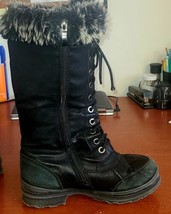 Apres by Lamo Women Boots Sz.8 Black Leather, Faux Fur Lined Side Zip Fr... - $15.31