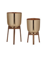 Round Metal Planter with Wooden Stand (Set of 2) - $2,777.13 MXN