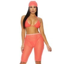 Halter Bikini Set Side Tie Bottoms Mesh Coverup Shorts Head Wrap Pink 44... - $40.83