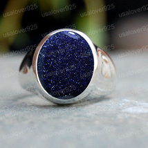 Natural Blue Sunstone Ring Oval Gemstone Ring Gift For Men Jewelry Ring  - £50.75 GBP
