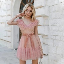 Women Polka Dot Ruffle A-line V-neck Tulle Dress Elegant Female Lace Up ... - £51.15 GBP