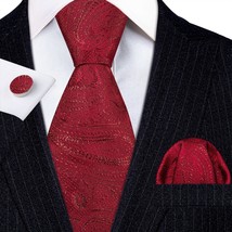 Men Tie Set Red  Silk Tie For Men Wedding Party Necktie Handkerchief Cravat Neck - £42.63 GBP