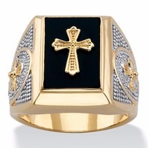 14K Gold Onyx Textured Emerald Cut Cross Mens Gp Ring Size 8 9 10 11 12 13 - £159.86 GBP