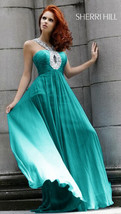 Sherri Hill Beaded Halter Cutout Chiffon Gown Sz 6 Turquoise - $143.55