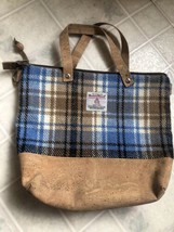 Harris Tweed 100% Pure Wool Scotland Blue Tan Plaid  Wool Handbag Zip Cl... - £66.97 GBP
