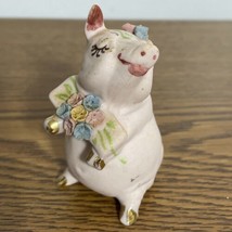 1950’s Walker Hagen Renaker Pink Bisque Pig Holding Flower Miniature Fig... - $8.81