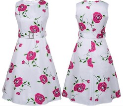 Skater dress printed rose retro pettiskirt Vintage A-Line Dress with belt - £12.97 GBP