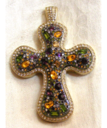 Vintage Gold Toned Cross Pendant Purple Topaz Green Rhinestones 16-d - $1,106.55 MXN