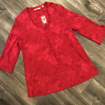 Soft Surroundings Top Womens L Red Jacquard Floral Textured Tunic 3/4 Sleeve NEW - £21.99 GBP