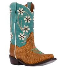 Kids Western Boots Flower Embroidered Grain Leather Teal Snip Toe Botas ... - £41.34 GBP