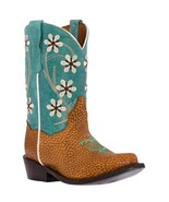 Kids Western Boots Flower Embroidered Grain Leather Teal Snip Toe Botas ... - £41.11 GBP