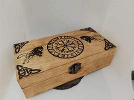 Handmade engraved wooden jewellery box Viking Vegvisir and Wolves Runic ... - £25.26 GBP