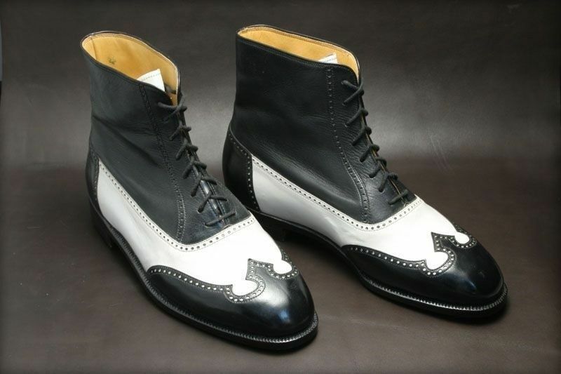 Men's High Ankle Two Tone Black White Contrast Vintage Leather Boots US 7-16