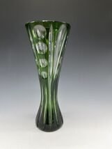 Vintage 8.25&quot; Bohemia Polished Crystal Glass Vase Green Clear Corset - $74.50