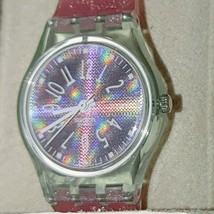 Swatch Watch Ladies Pink Glitter Sparkle Iridescent Strap Clear Swiss Made - $56.10