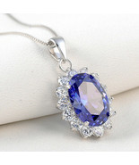 3Ct Oval Cut CZ Tanzanite Halo Pendant 14k White Gold Plated 18&quot; Free Chain - £101.34 GBP