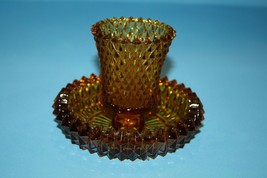 Indiana Glass Sawtooth Diamond Cut Amber Candlestick Votive Holder 5 1/4&#39;&#39; Vtg - £9.34 GBP