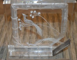 Vintage M. COX Reverse Carved Peacock Lucite Cube Paperweight, stand - £30.37 GBP