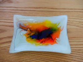 Art Glass Rectangular Plate Dipping Tray Trinket Decorative Multi Color Tie Dye - £27.97 GBP