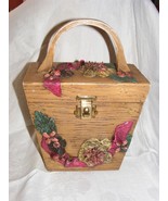Vintage 60&#39;s Brown Wooden Box Purse Artist Signed Pink Green Floral Design - €53,61 EUR