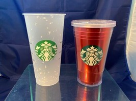 Lot of 2 Starbucks Coffee Cup Tumbler Confetti Mug 24 oz Red Metallic No Straws - £14.82 GBP