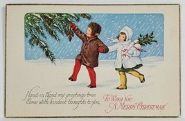 Christmas Greetings Children Snow Scene Picking Pinecones Postcard S7 - $3.95
