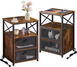 Vecelo 24&quot; End Table With Charging Station, Flip Drawer Nightstand, Rustic Brown - £144.32 GBP